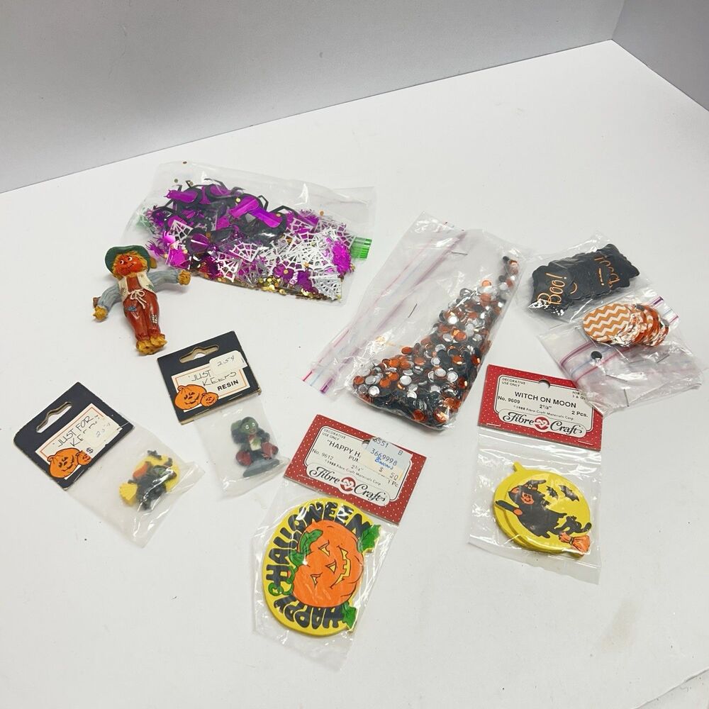 Vintage 1980s Halloween Craft Supply Lot Fibre Craft Resin Charms Sequin